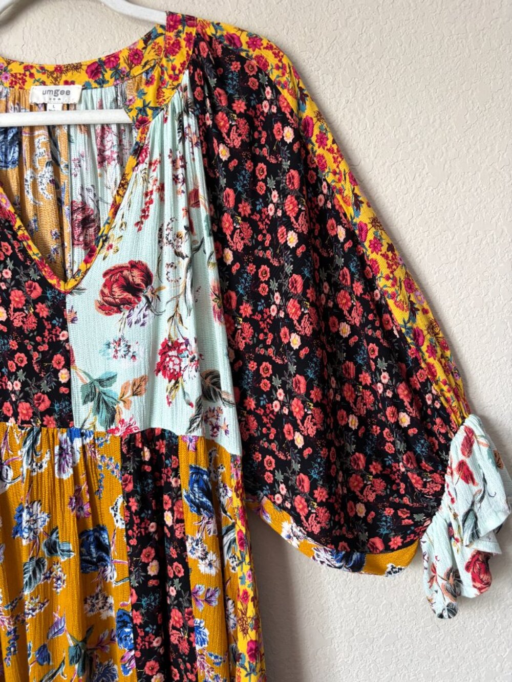 Umgee Boho Floral Mixed Print Split Neck Babydoll Peasant Mini Dress - Picture 2 of 10